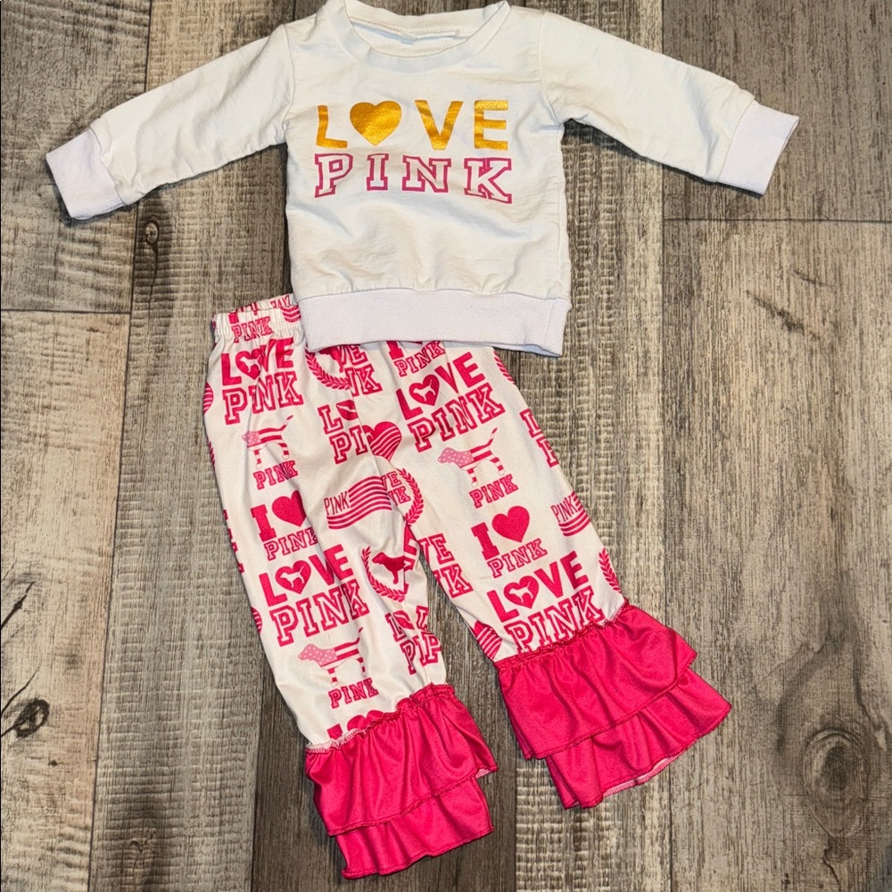 White and Pink Love Pink Outfit-size 12-18 months